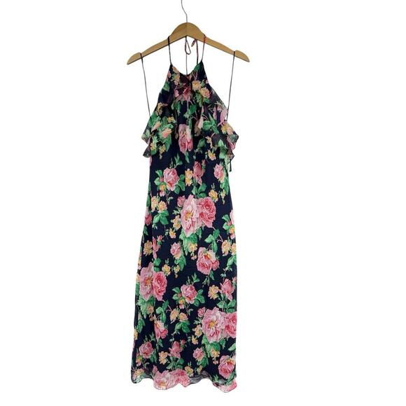 Lauren Ralph Lauren Navy Blue Floral 100% Silk Ruffle Halter Maxi Dress Women 10 - Picture 1 of 7